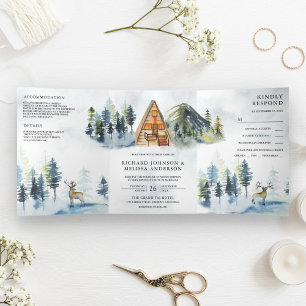 A-Frame-Hütten-Lodge-Winter-Bergwald-Hochzeit Dreifach Gefaltete Einladung