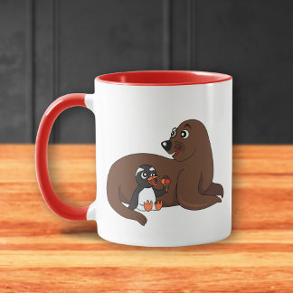 A friendly seal and a penguin cartoon tasse