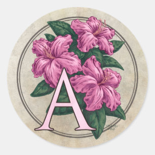 A für Monogram Round Stickers der Azalea-Blume