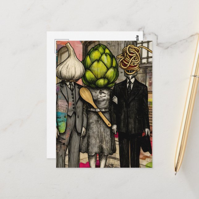 A garlic, an artichoke, and a spaghetti fork funny postkarte (Vorderseite/Rückseite Beispiel)