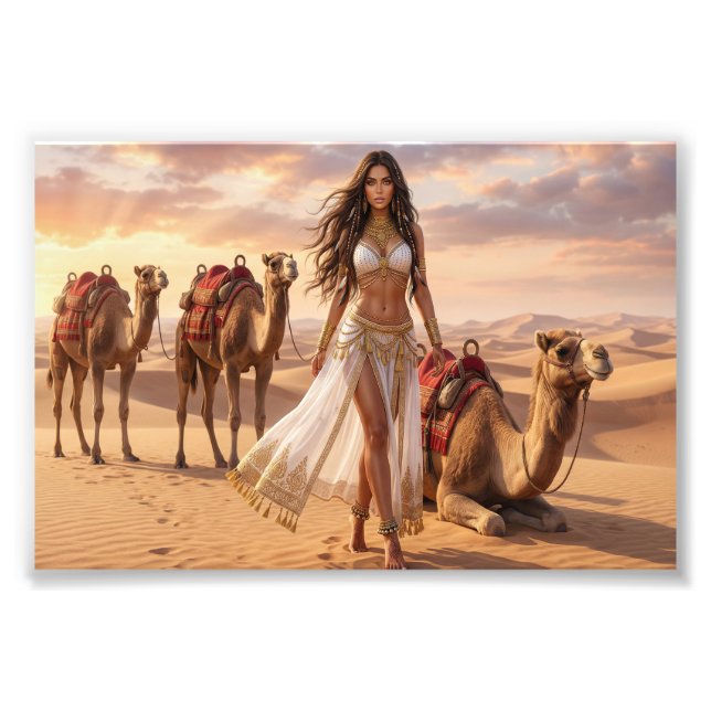A Graceful Woman with Camels at Sunset Fotodruck (Vorne)