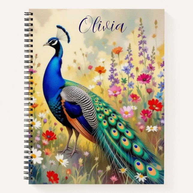 A Green and Blue Peacock in Flowers Personalized Notizbuch (Vorderseite)