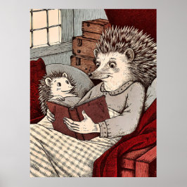 A hedgehog in a blanket reading a book to a young poster