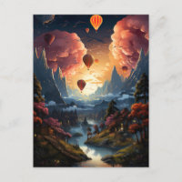 A hot air balloon flies over an asian landscape