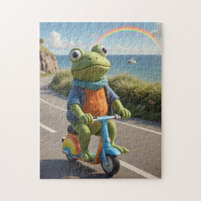A knitted frog rides a scooter puzzle (Vertikal)