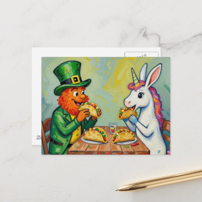 A leprechaun and a unicorn rabbit eating tacos postkarte (Vorderseite/Rückseite Beispiel)