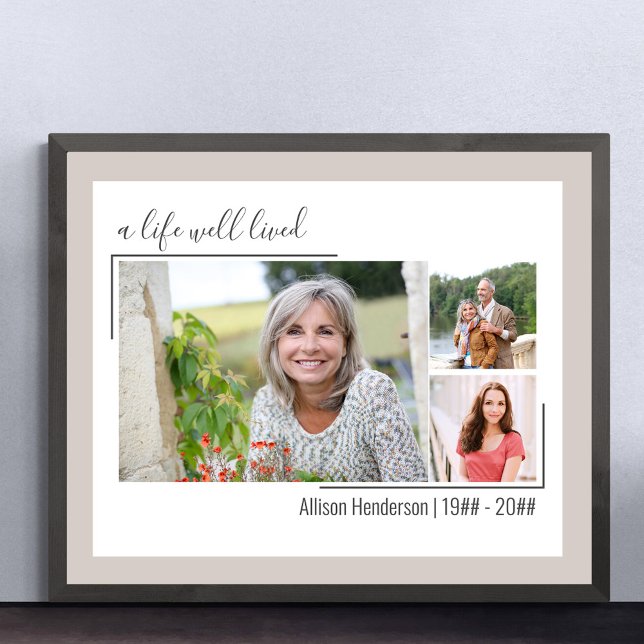 A Life Well Lived Elegante Script 3 Foto Beerdigun Poster (Funeral memorial poster to order professionally printed or as a printable digital download)