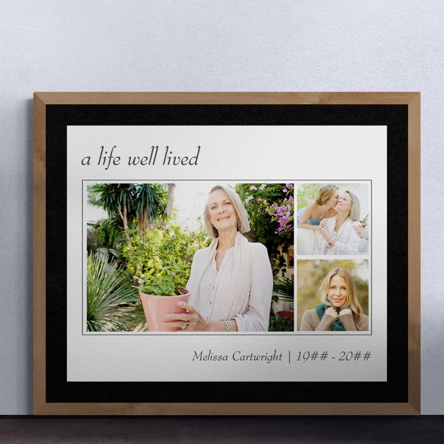 A Life Well Lived Elegante Script 3 Foto Beerdigun Poster (Funeral memorial poster to order professionally printed or as a printable digital download)