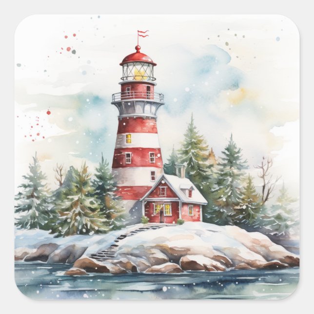 A Lighthouse in Winter Quadratischer Aufkleber (Vorderseite)