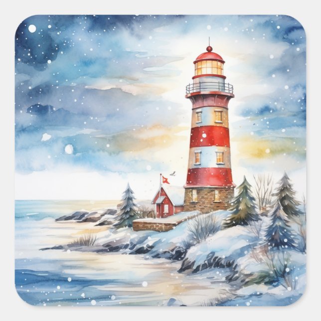 A Lighthouse in Winter Quadratischer Aufkleber (Vorderseite)