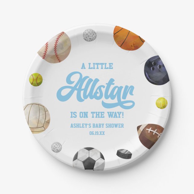 A Little Allstar Is On The Way! Sports Baby Shower Pappteller (Vorderseite)