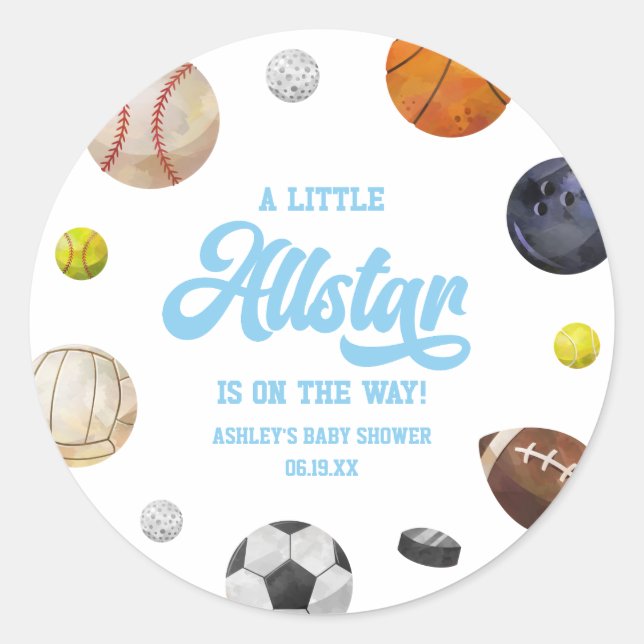 A Little Allstar Is On The Way! Sports Baby Shower Runder Aufkleber (Vorderseite)