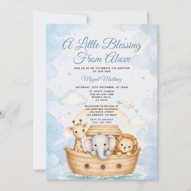 A Little Blessing from Above Noah's Ark Baptism Einladung (Vorderseite)