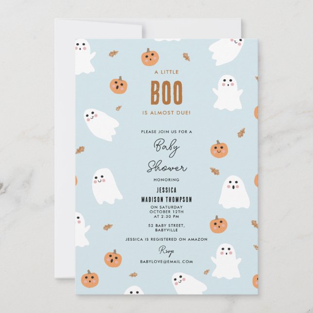 A Little Boo Is Almost Due Halloween Baby Shower Einladung (Vorderseite)