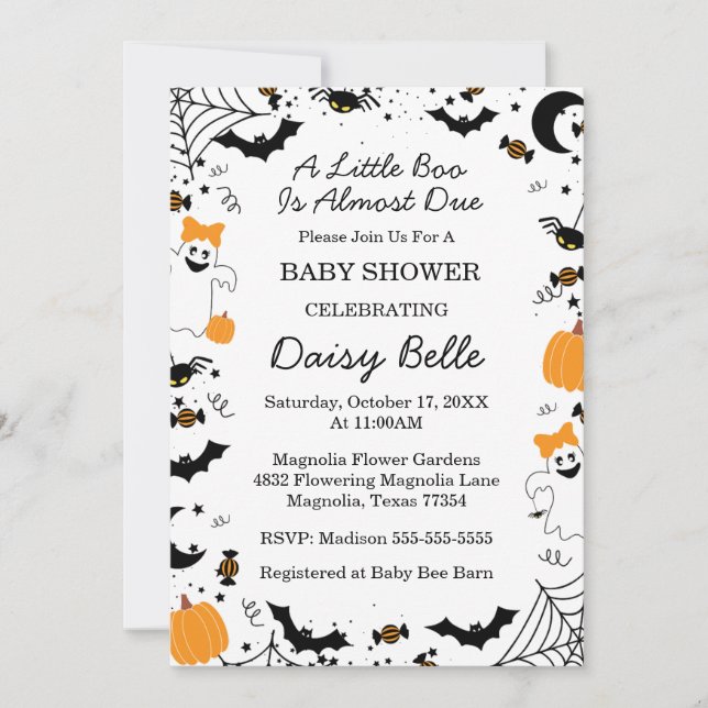 A Little Boo Is Almost Due Orange Girl Baby Shower Einladung (Vorderseite)
