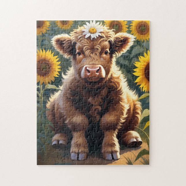 A little cow in a sunflower field puzzle (Vertikal)