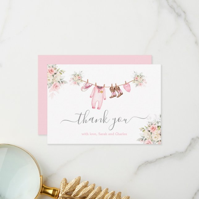 A little Cowgirl Baby Shower Pink Thank You Card Dankeskarte (Vorderseite/Rückseite Beispiel)