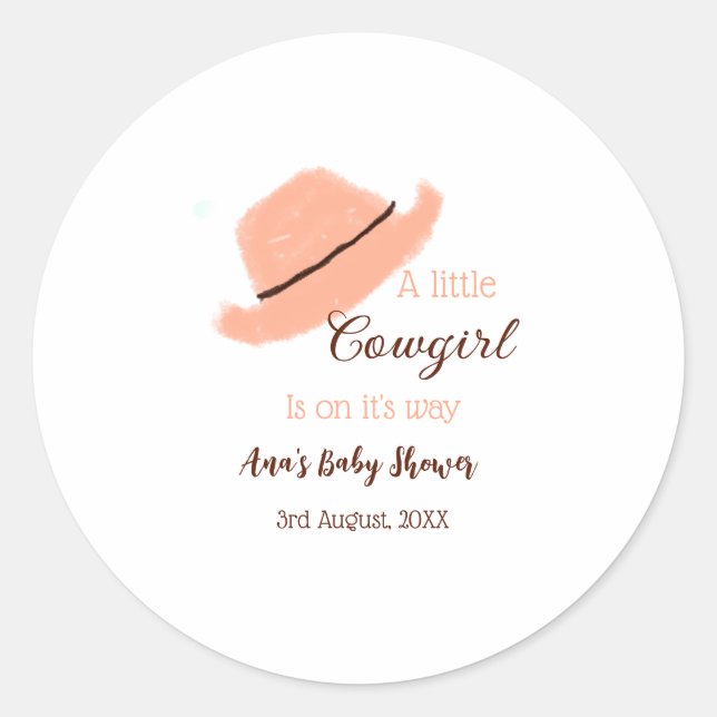 A little cowgirl is on it's way orange baby shower runder aufkleber (Vorderseite)
