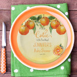 A Little Cutie Citrus Watercolor Baby Shower Pappteller<br><div class="desc">Introducing our "A Little Cutie Is On The Way" Watercolor Baby Shower design—a delightful blend of charm and citrus freshness. The front showcases a vibrant orange citrus swag gracefully adorning the top, while a whimsical slice of orange citrus adds a touch of sweetness in the bottom right corner. The watercolor...</div>