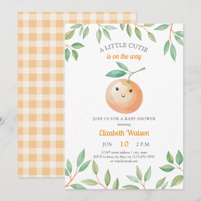 A Little Cutie Orange Gingham Citrus Baby Shower Einladung (Vorne/Hinten)