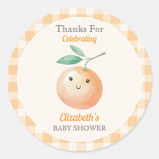 A Little Cutie Orange Gingham Citrus Baby Shower Runder Aufkleber (Vorderseite)