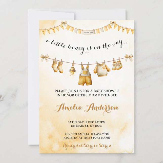 A little Honey On The Way Clothesline Baby Shower Einladung (Vorderseite)