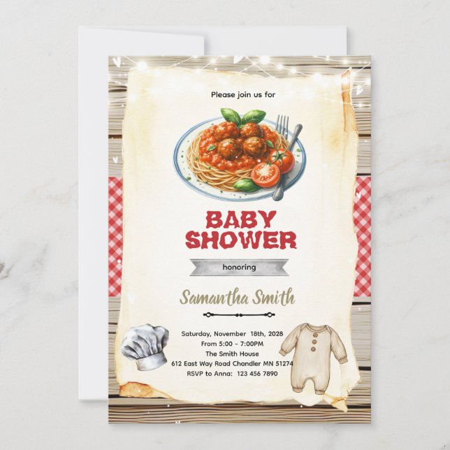 A Little Meatball pasta Baby Shower Invitation Einladung (Vorderseite)