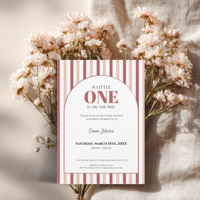A Little One • Blush Pink Baby Shower Einladung (A little one baby shower invitation with blush pink and red stripes)