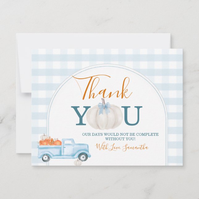 A Little Pumpkin Blue Truck Gingham Baby Shower Dankeskarte (Vorderseite)