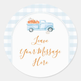 A Little Pumpkin Blue Truck Gingham Your Message Runder Aufkleber