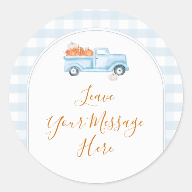 A Little Pumpkin Blue Truck Gingham Your Message Runder Aufkleber (Vorderseite)
