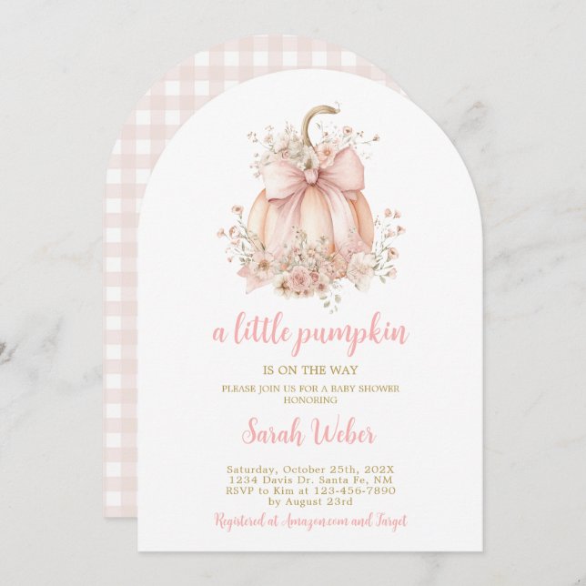 A little pumpkin gingham fall baby shower girl einladung (Vorne/Hinten)