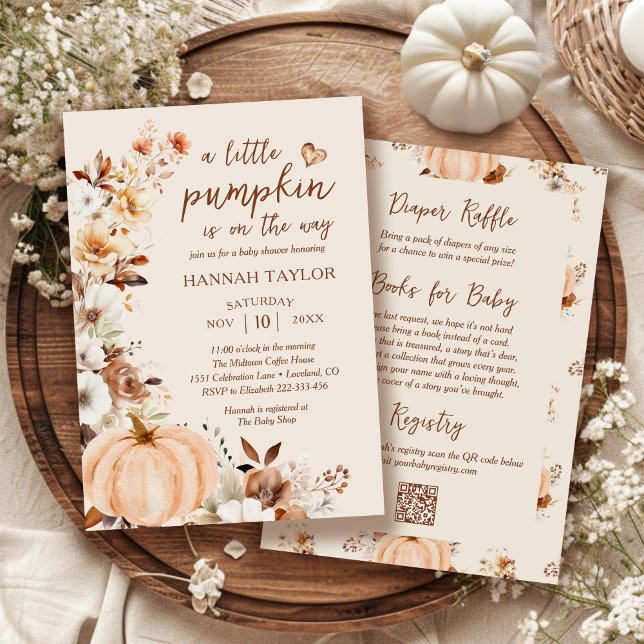 A Little Pumpkin QR Code Fall Floral Baby Shower Einladung (Von Creator hochgeladen)