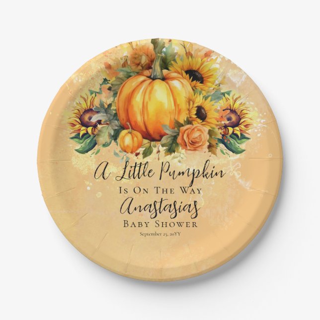 A Little Pumpkin | Sunflowers Fall Baby Shower Pappteller (Vorderseite)
