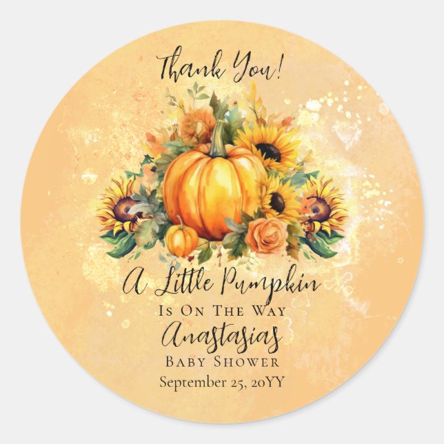 A Little Pumpkin | Sunflowers Fall Baby Shower Runder Aufkleber (Vorderseite)