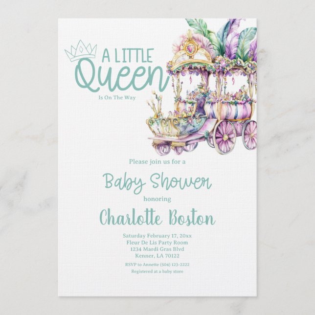 A Little Queen Mardi Gras Float Baby Shower Einladung (Vorderseite)