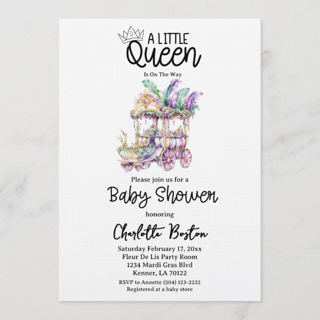 A Little Queen Mardi Gras Float Baby Shower Einladung (Vorderseite)