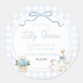 A Little Silly Goose Blue Floral Bow Baby Shower Runder Aufkleber