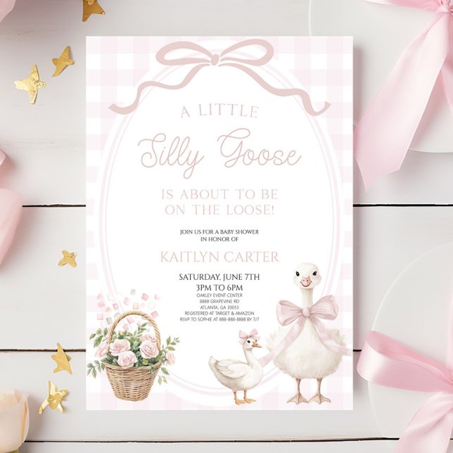 A Little Silly Goose Pink Bow Floral Baby Shower Einladung (Von Creator hochgeladen)