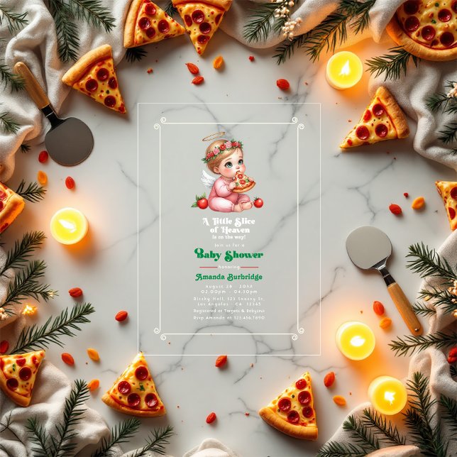 "A Little Slice of Heaven" Pizza-Thema Kinderdusch Acryleinladungen ("A Little Slice of Heaven" Pizza-Theme Baby Shower Acrylic Invitations)