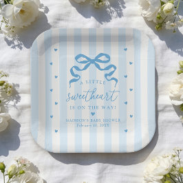 A Little Sweetheart Blue Bow Baby Shower Pappteller