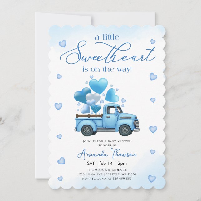 A little Sweetheart blue Truck Baby Shower Einladung (Vorderseite)