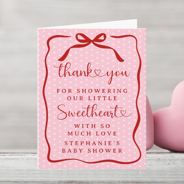 A Little Sweetheart Pink Red Bow Girl Baby Shower Dankeskarte (Von Creator hochgeladen)