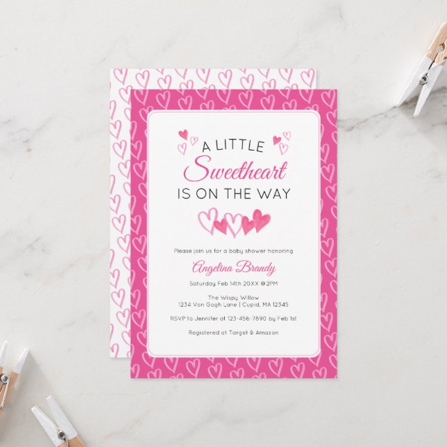 A Little SweetHeart Valentine Hearts Baby Shower Einladung (Vorderseite/Rückseite Beispiel)