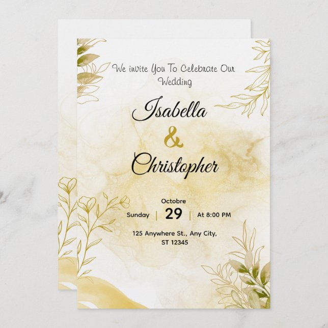 A luxurious wedding invitation in elegant gold einladung (Vorne/Hinten)