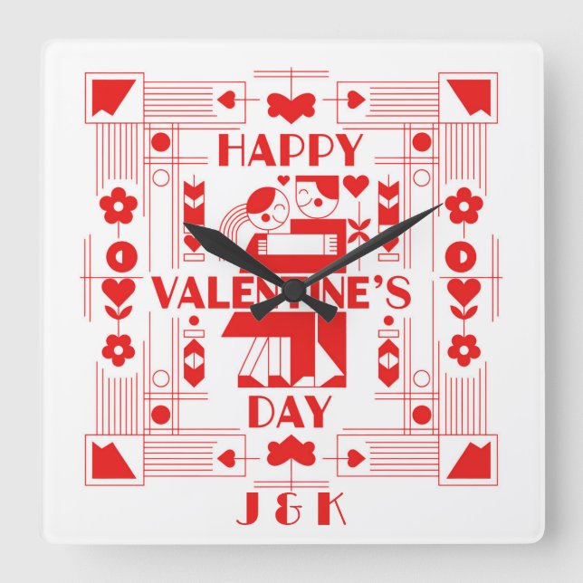 A modern Bauhaus personalized Valentine’s Day Quadratische Wanduhr (Vorderseite)