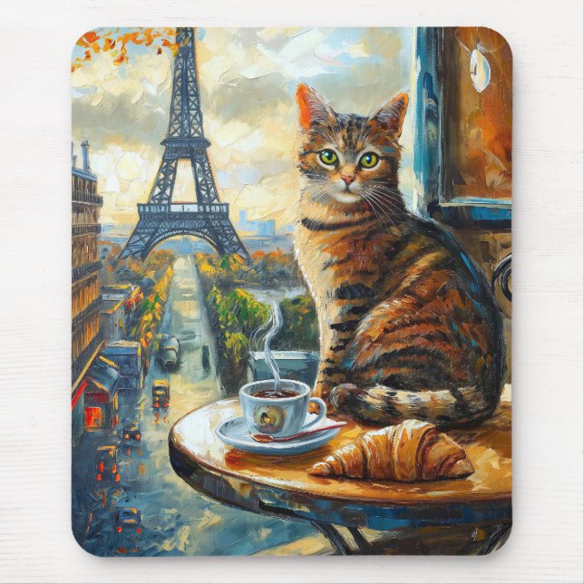 A Morning in Paris | Tabby Cat at a Cafe Mousepad (Vorne)