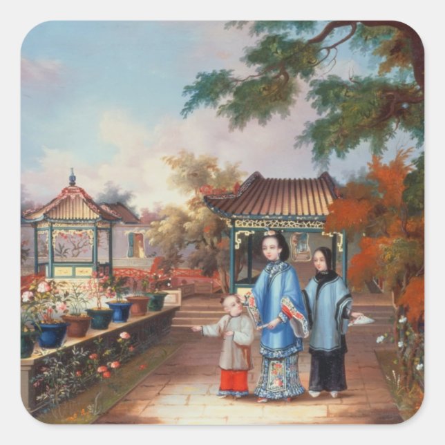 A mother with her children in a chinese garden, c. quadratischer aufkleber (Vorderseite)