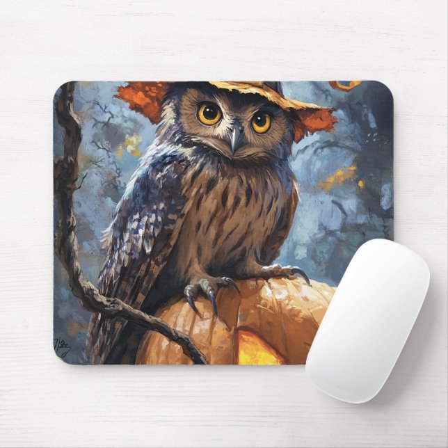 A mysterious, charming owl wearing an orange hat s mousepad (Mit Mouse)