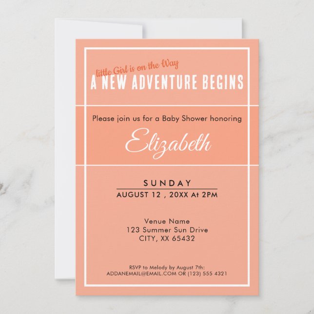 A New Adventure Begins Peach Babyshower Invitation Einladung (Vorderseite)